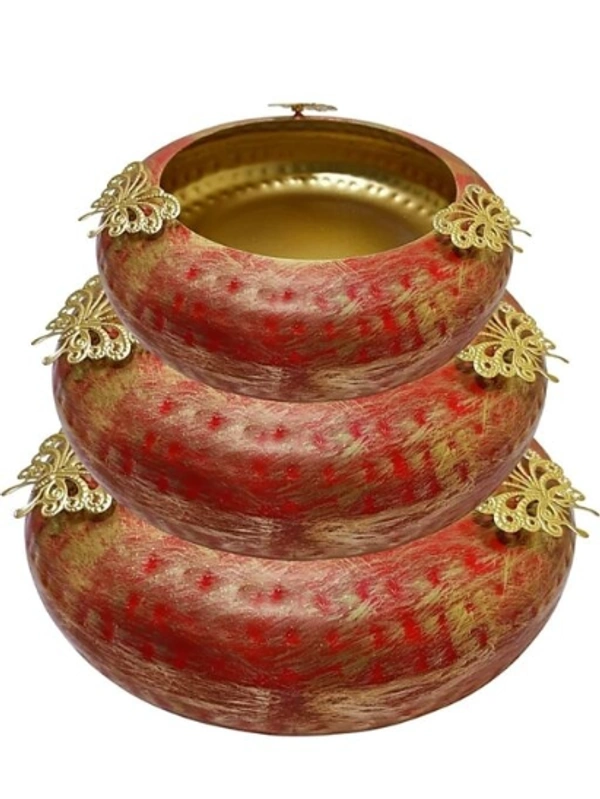 Handmade Designer Red color Bowl Set Urli For Flower Fotting - Red, Metal, Pack of 3